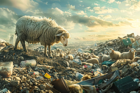Sheep is walking through a pile of trash. The sheep is surrounded by other sheep, and the trash is scattered all around them. The scene is chaotic and dirtyの素材