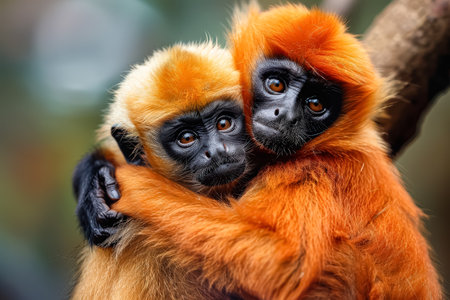 Two baby monkeys hug each other. One is orange and the other is black. They are both looking at the cameraの素材