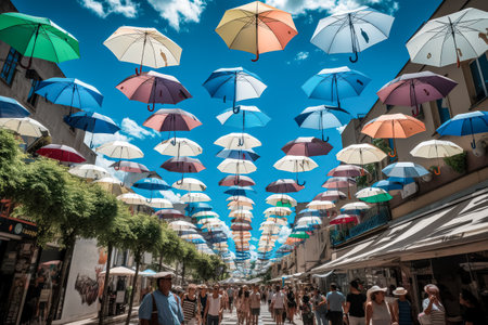 Colorful display of umbrellas hangs overhead, creating a festive atmosphere. People are walking around and enjoying the sceneの素材