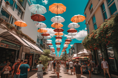 Street scene with many people walking and many umbrellas hanging overhead. The umbrellas are of different colors and sizes, creating a lively and colorful atmosphere. The people are walking aroundの素材