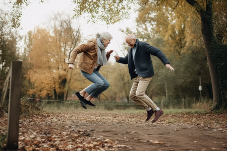 Couple of older people are jumping in the air in a park. The man is wearing a blue jacket and the woman is wearing a brown jacketの素材