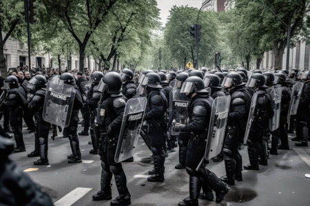Group of police officers are lined up on a street. The officers are wearing black uniforms and helmetsの素材