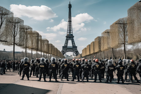 Group of police officers stand in front of the Eiffel Tower. The scene is tense and serious, with the officers wearing helmets and vestsの素材