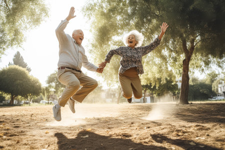 Couple of older people are jumping in the air and laughing. Scene is joyful and lightheartedの素材