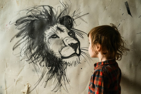 Young boy looks at a drawing of a lion. The drawing is black and white and has a lot of detail. The boy seems to be fascinated by the lion and is looking at it closelyの素材