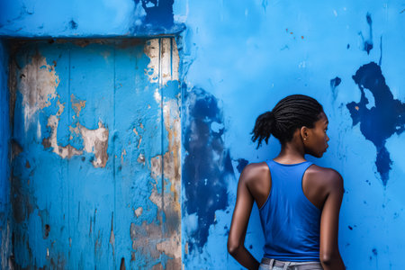 Woman stands in front of a blue wall. The wall has a lot of peeling paint and he is in a rundown area. The woman is wearing a blue tank top and jeansの素材