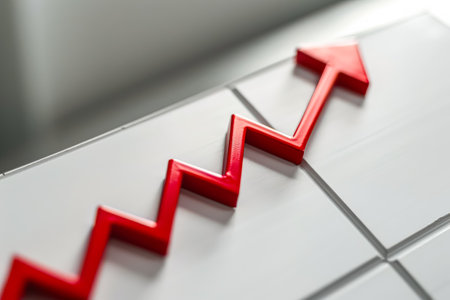 Red arrow pointing upwards is on a white background. Concept of growth and progressの素材