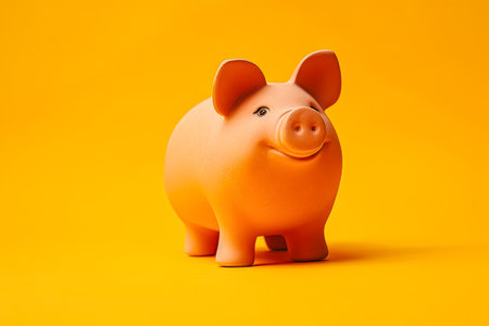 Pig is sitting on a yellow background. The pig is smiling and he is happy. Concept of joy and positivityの素材