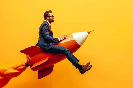 Man is sitting on a red rocket. The rocket is on a yellow wall. The man is wearing a suitの素材