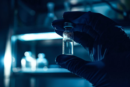 Person is holding a bottle of medicine in a dark room. The bottle is labeled with a warning to not touch itの素材