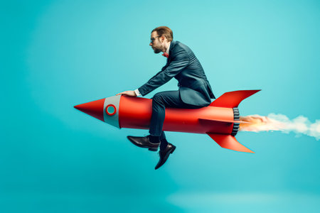 Man is riding a rocket in the sky. The rocket is red and white. The man is wearing a suit. The sky is blueの素材