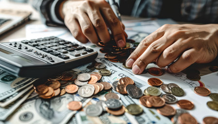 Person is counting coins and bills on a table. The coins are of different sizes and colors, including pennies, nickels, dimes, and quartersの素材