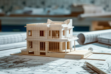 Model of a house is sitting on top of a blueprint. The house is made of wood and has a balcony. The blueprint is on a table and the house model is placed on top of itの素材