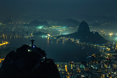 City skyline with a large mountain in the background. The city is lit up at night, creating a beautiful and serene atmosphereの素材