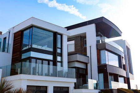 Large, modern house with a lot of glass windows and a balcony. The house is situated on a hill and has a very elegant and sophisticated appearanceの素材