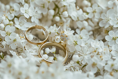 Couple's wedding rings are set on top of a bed of white flowers. Concept of love and commitment, as the rings symbolize the couple's promise to each otherの素材