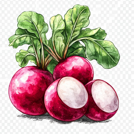 Three radishes are shown in a close up, with one of them cut in half. The radishes are red and green, and the leaves are also green. Concept of freshness and healthの素材