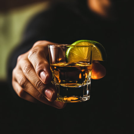 Person is holding a glass of liquor with a lime wedge in it. Concept of enjoyment and relaxation, as the person is holding the glass up to their face, likely to take a sip and savor the drinkの素材