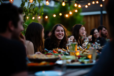 Group of people are sitting around a table, enjoying a meal together. The woman in the center is smiling and laughing, while the others are also laughing and smiling. The atmosphere is warmの素材