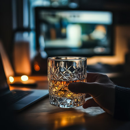 Person is holding a glass of liquor in front of a computer monitor. Concept of relaxation and leisure, as the person enjoys their drink while working on their computer. The dimly lit roomの素材