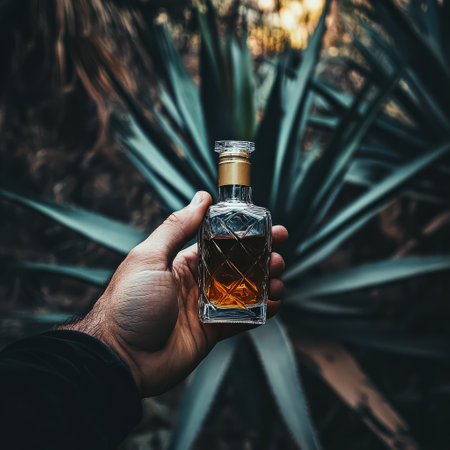 Hand holding a bottle of liquor. The bottle is made of glass and has a gold top. The image has a mood of relaxation and indulgenceの素材
