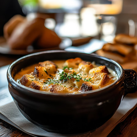 Bowl of soup with bread crumbs on top. The soup is creamy and has a light color. The bread crumbs add a crunchy texture to the soup. The bowl is placed on a table with other food itemsの素材