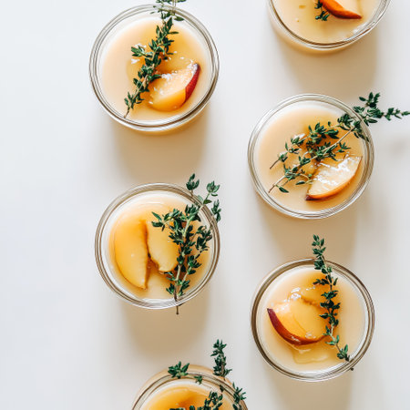 Row of small jars filled with peach preserves and fresh herbs. The jars are arranged in a neat row on a white backgroundの素材