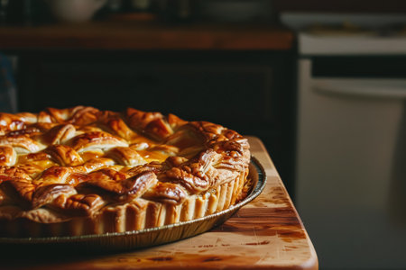 Pie is sitting on a wooden table. The pie is golden brown and has a crust. The table is made of wood and has a light shining on itの素材