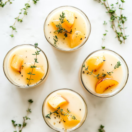Four glasses of peach and thyme dessert. The dessert is in the shape of a peach and is topped with thymeの素材