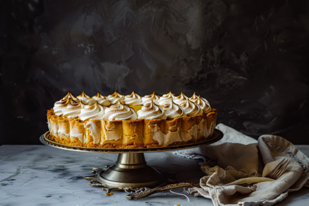 Large, round, yellow and white dessert with whipped cream on top sits on a silver platterの素材