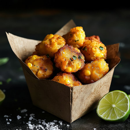 Box of corn chips with lime wedges on the side. The lime wedges are cut in half and placed on the right side of the boxの素材