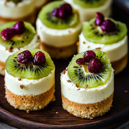 Plate of small pastries with a kiwi on top. The pastries are arranged in a neat row and are all the same sizeの素材