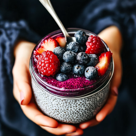 Person is holding a glass of blueberry and raspberry smoothie. The smoothie is topped with blueberries and strawberriesの素材