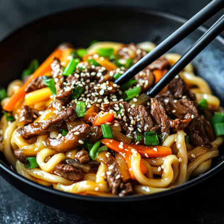 Bowl of beef and vegetable noodles with chopsticks. The dish is full of meat and vegetables, and the noodles are cooked to perfection. The chopsticks are poised over the bowlの素材