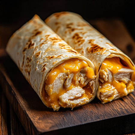 Two burritos with chicken and cheese on a wooden table. Scene is casual and invitingの素材