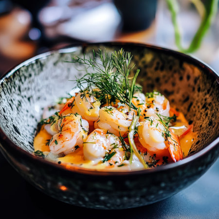 Bowl of shrimp and dill sits on a table. The dish is garnished with parsley and looks appetizingの素材