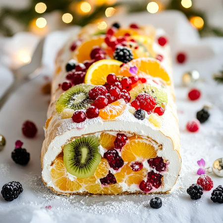 Long white cake with a variety of fruits on top, including kiwi, oranges, and berriesの素材