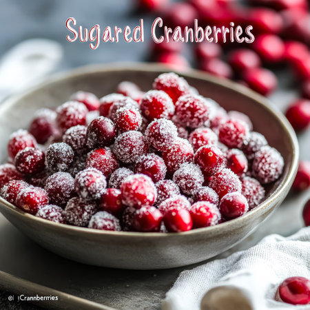 Bowl of sugar cranberries with a white background. The bowl is filled with cranberries and has a white cloth underneath itの素材