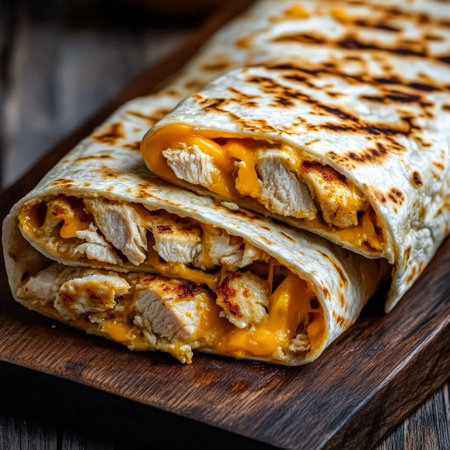 Large chicken burrito is sitting on a wooden table. The burrito is filled with chicken and cheese and is covered in a tortillaの素材