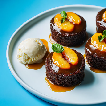 Plate of desserts with a white plate and a blue background. The desserts are small and have a brown toppingの素材