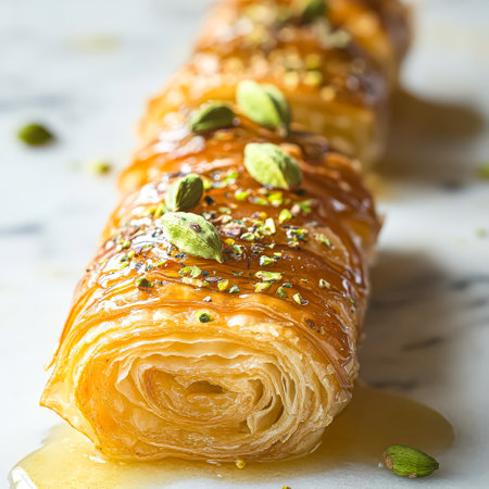 Long pastry with a green leaf on top. The pastry is covered in nuts and has a sweet glazeの素材