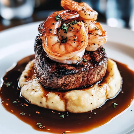 Plate of food with a steak and shrimp on top of mashed potatoes. The dish looks delicious and well-presentedの素材