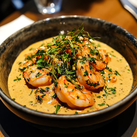 Bowl of shrimp and sauce with a garnish of parsley. The dish is served in a black bowl with a white plate underneathの素材