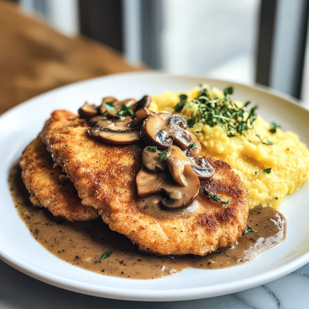 Plate of food with chicken and mushroom gravy. The plate is white and the food is brownの素材