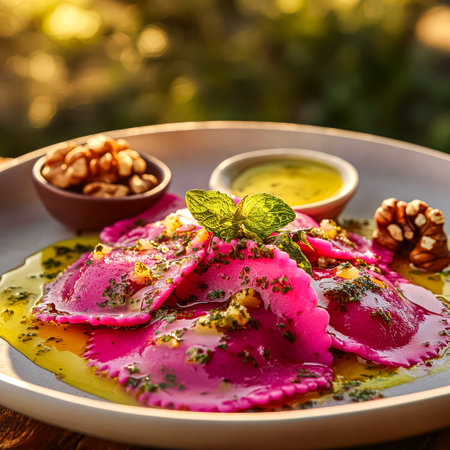 Plate of food with a pink sauce and a green leaf on top. The food is arranged in a way that makes it look appetizing and invitingの素材