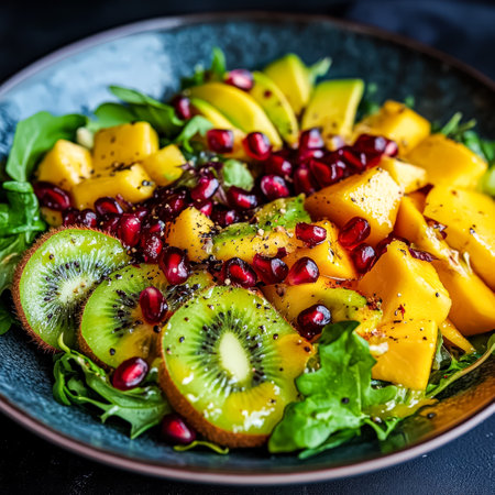 Bowl of fruit salad with kiwi, mango, and pomegranate. The salad is colorful and healthy, with a mix of sweet and tangy flavors. The bowl is placed on a dark surfaceの素材