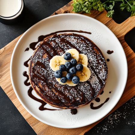 Plate of chocolate cake with bananas and blueberries on top. The cake is covered in chocolate and has a white plate underneath itの素材