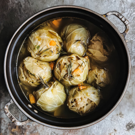 Pot of food with a variety of vegetables including carrots and cabbage. The vegetables are cooked and are in a brothの素材
