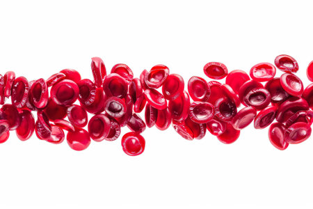 Row of red pills are shown in a close up. The pills are small and red, and they are arranged in a line. Concept of abundance and abundance of pillsの素材