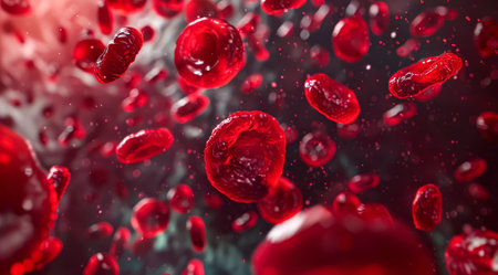 Close up of red blood cells in motion. Concept of life and energy, as the red blood cells are in motion and appear to be actively circulating throughout the bodyの素材